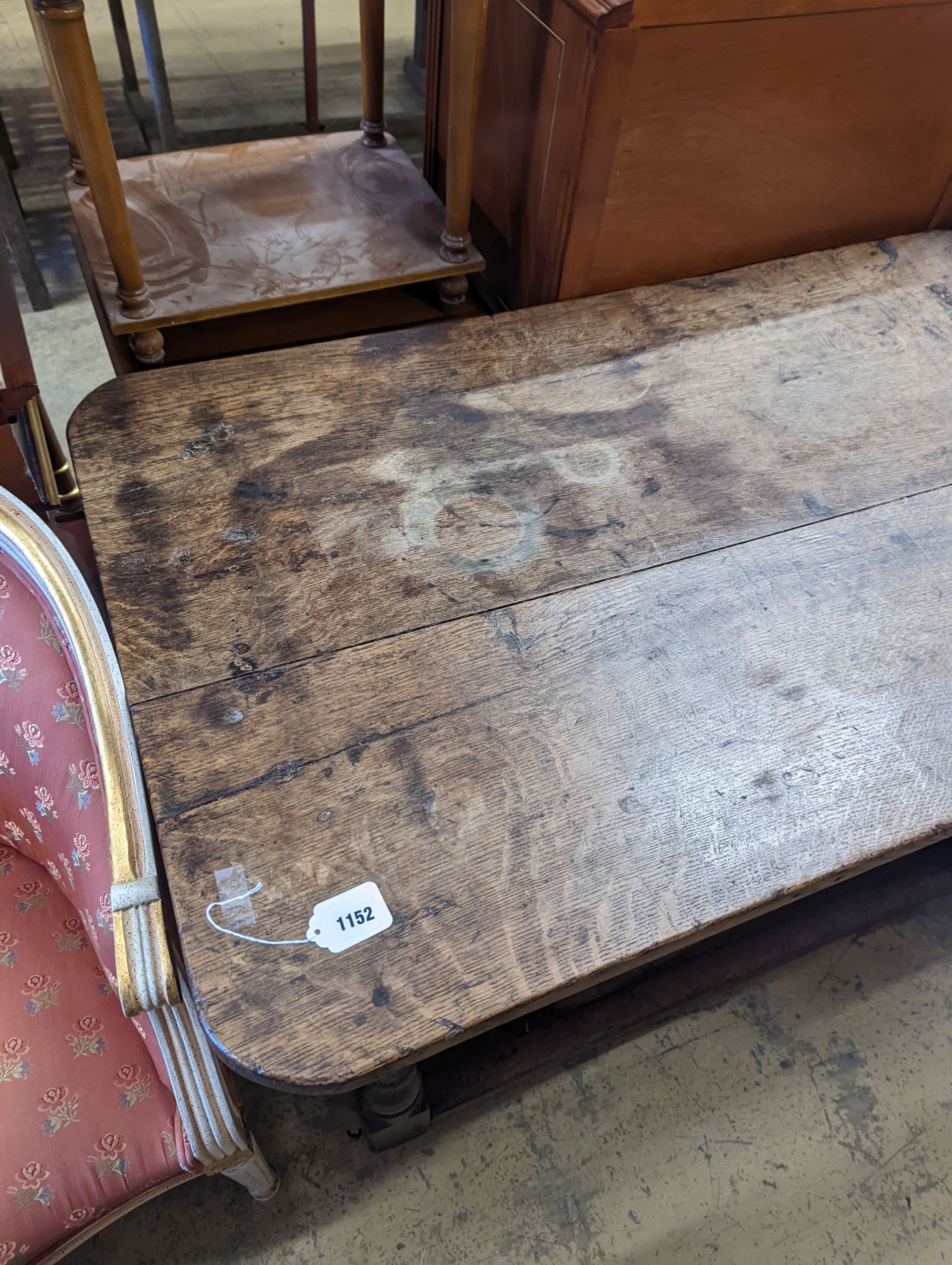 An 18th century and later rectangular oak table, length 121cm, depth 72cm, height 71cm